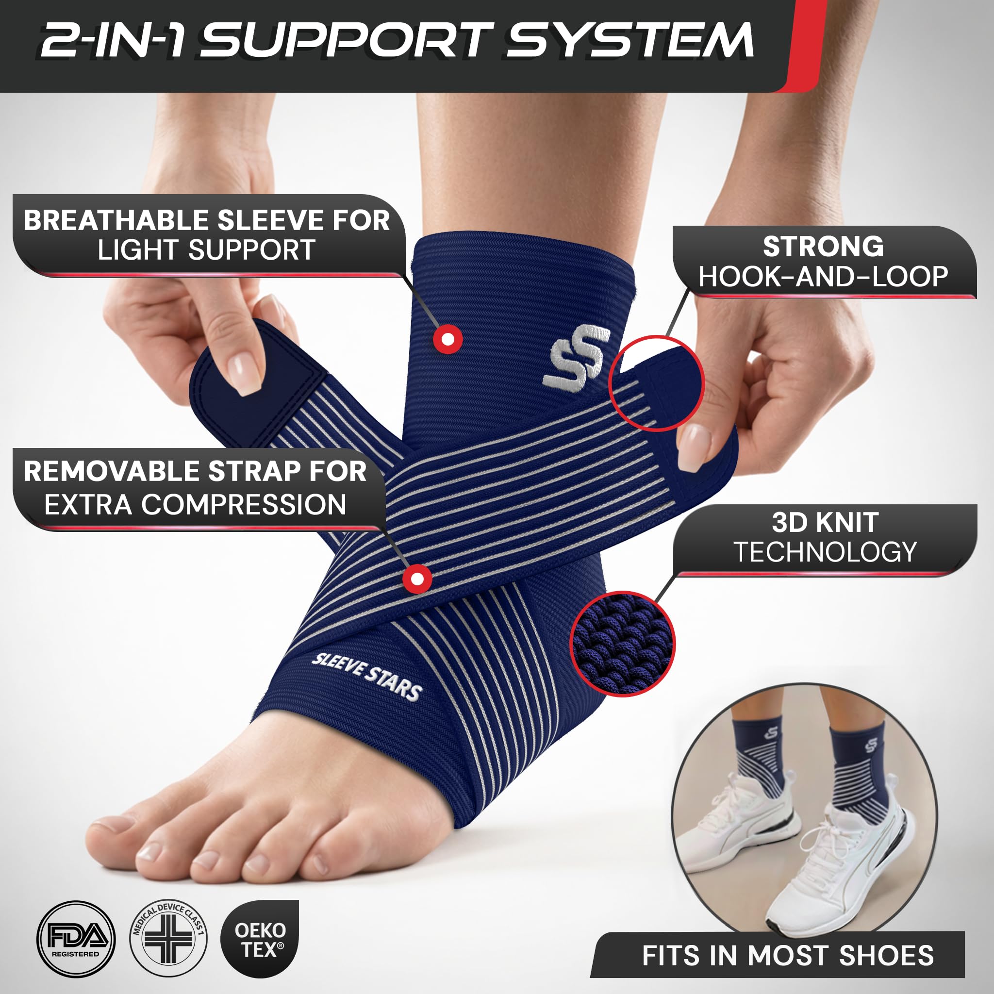 Sleeve Stars Knöchelbandage, Knöchelstütze Fußball, Achillessehnenentzündung, Fersenstütze für Plantarfasziitis, Knöchel-Kompressionsmanschette & Fußriemen für Männer & Frauen (S/Marineblau)