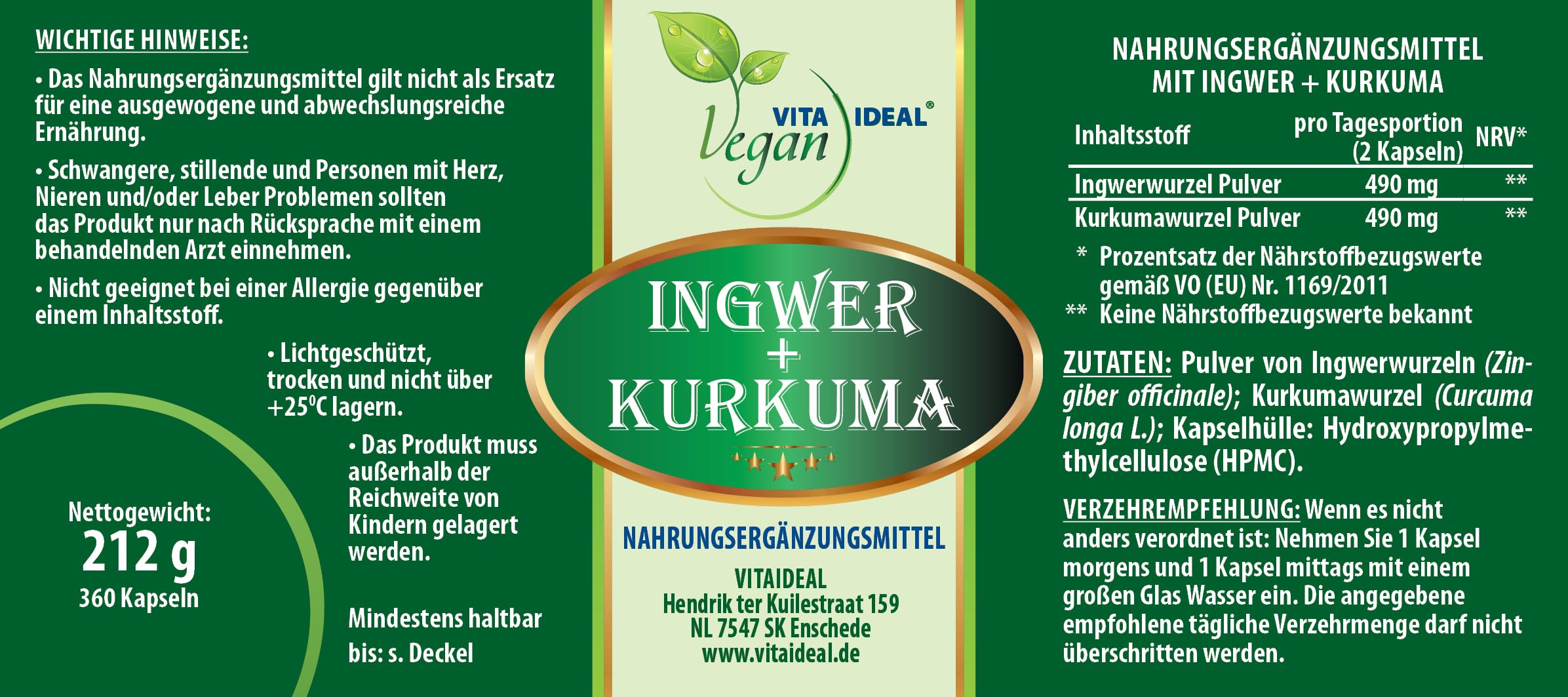 VITA IDEAL Vegan® INGWER + KURKUMA - Wurzel 4x 360 KAPSELN - Zingiber officinale Curcuma longa L - Tagesportion 980mg, Ingwer + Kurkuma Wurzel reines Pulver. Natürlich, pflanzlich & ohne Zusatzstoffe.
