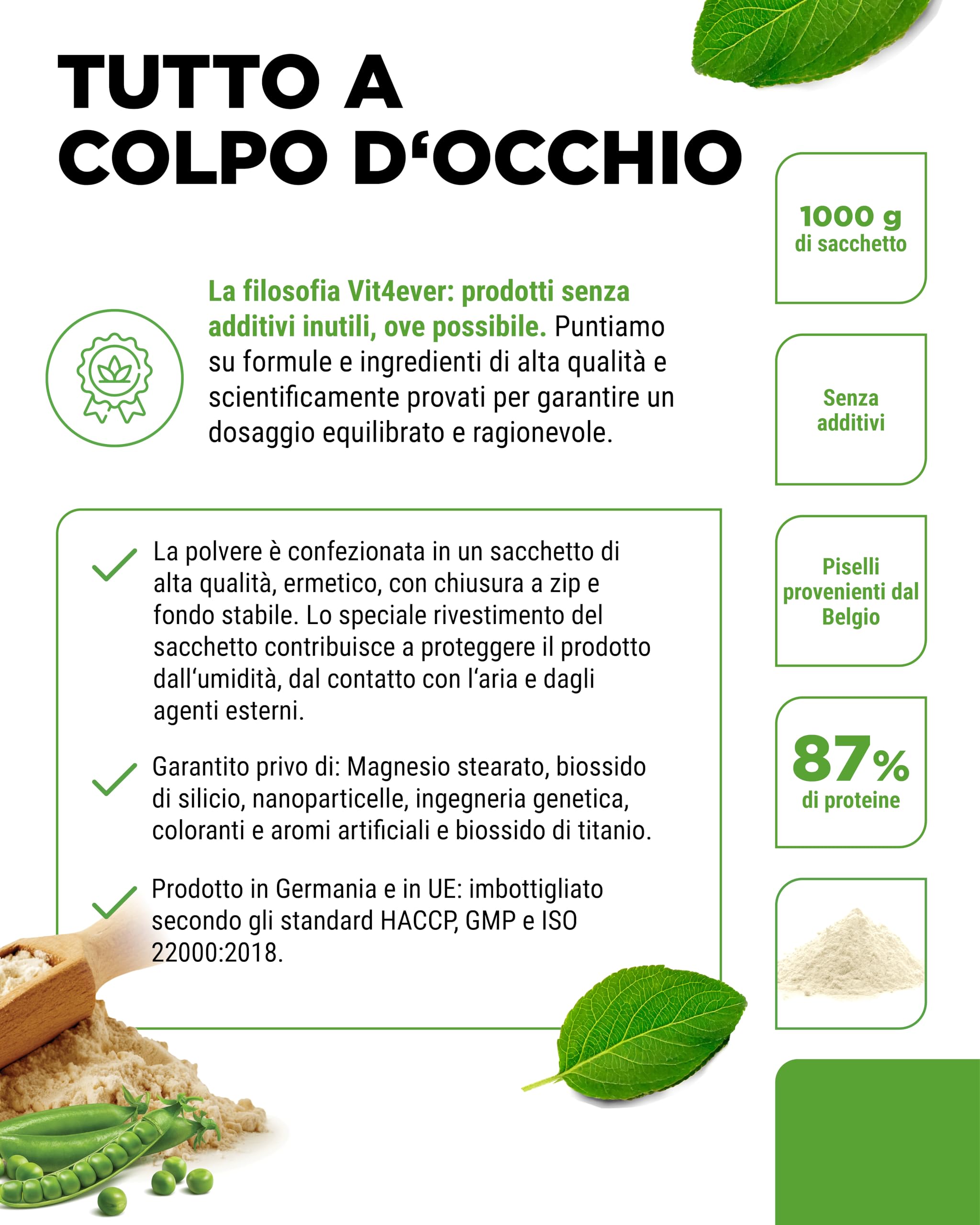 Proteine del Pisello in Polvere 1000 g (1 kg) - 87% Proteine - 100% Isolate (Pea Protein Powder) - Proteine Vegetali Vegane - Senza: Edulcoranti, Zucchero, Glutine, Soia, Lattosio - Origine Belgio