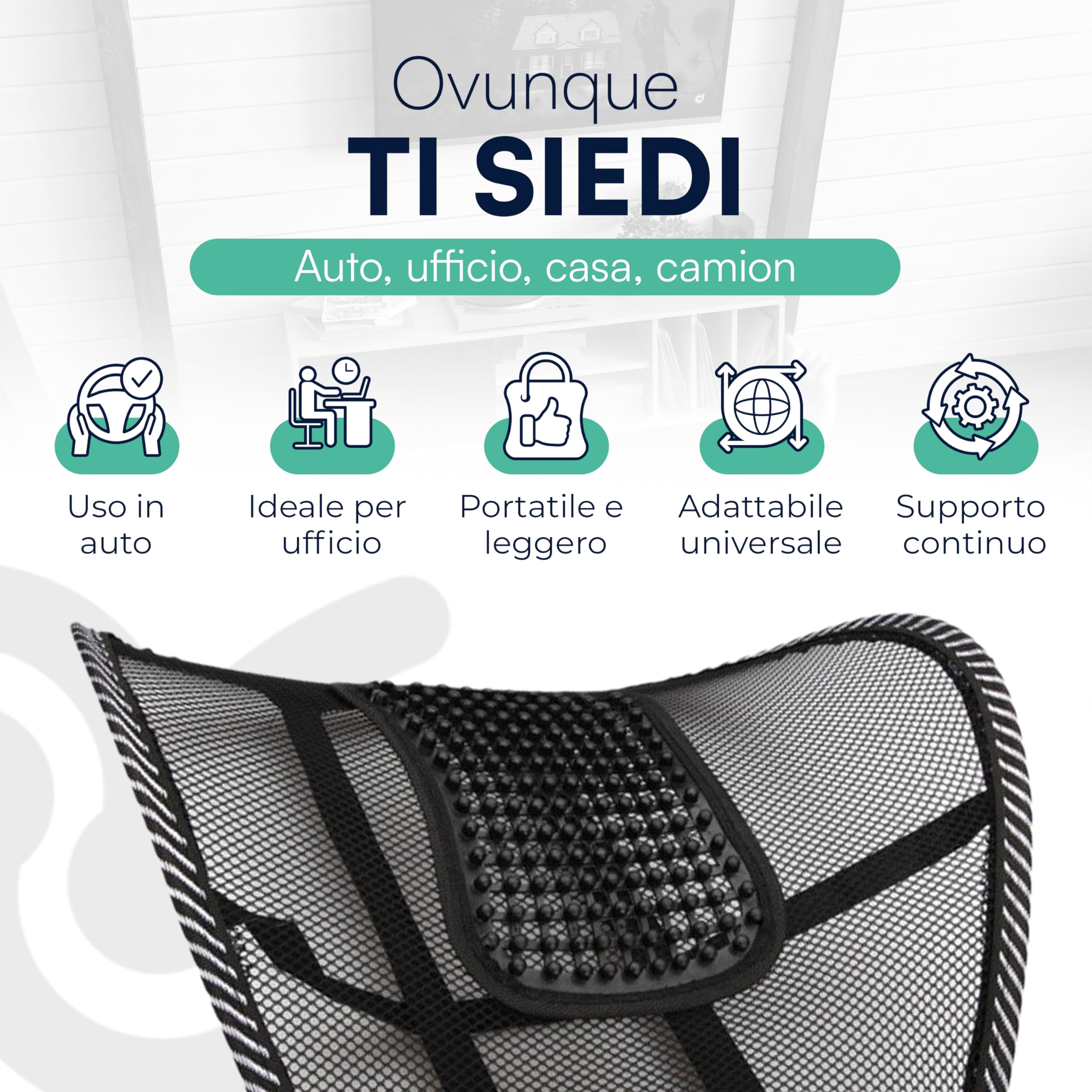 My Ruby Cuscino Lombare Ergonomico per Auto e Ufficio, Supporto Schiena in Memory Foam, Rivestimento Traspirante Antistatico, Doppie Cinghie Regolabili, Made in Italy