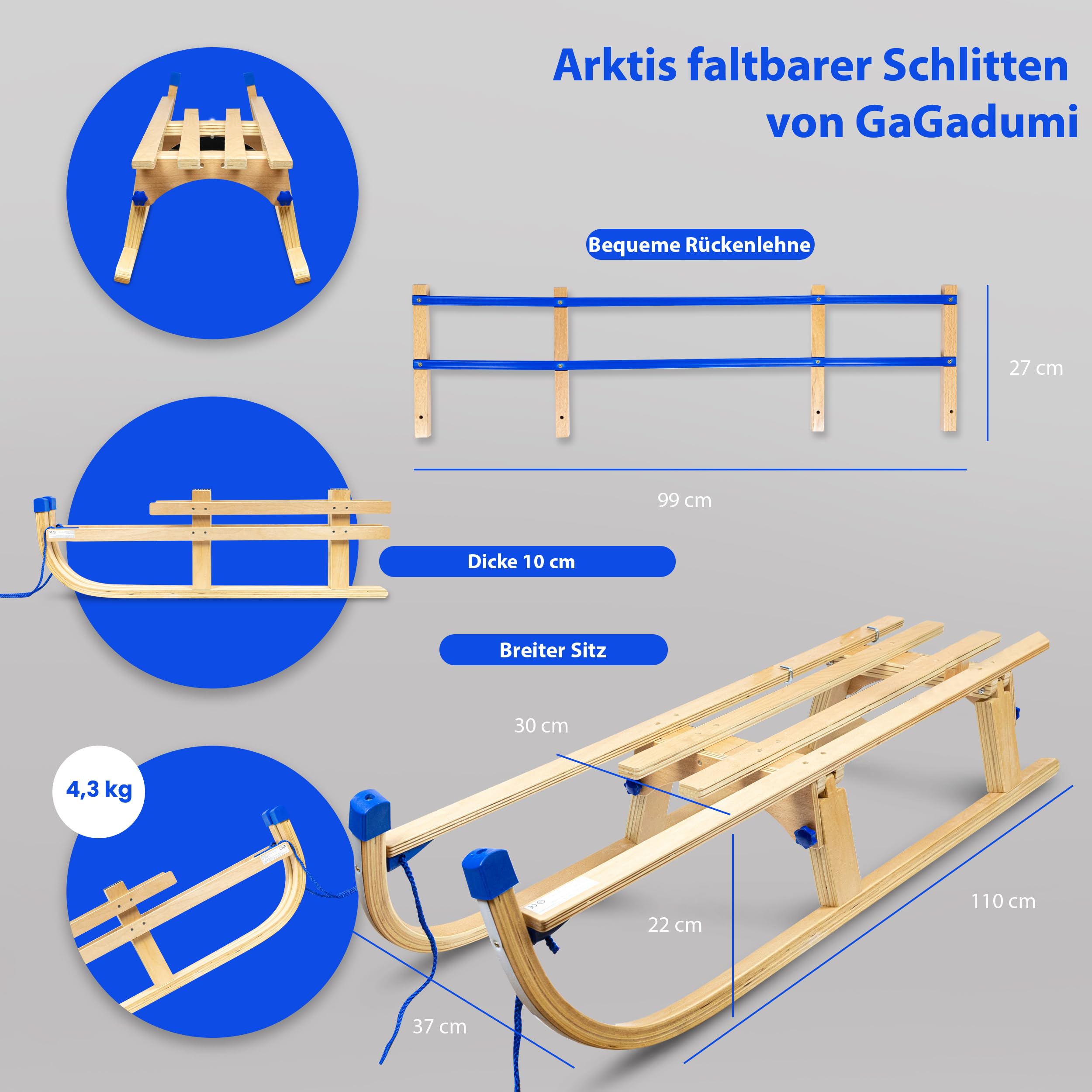 Trineo plegable de madera con respaldo Gagadumi Arctis – Trineo Niños Infantil Resistente y ahorra espacio para el invierno, ideal para diversión en la nieve y aventuras al aire libre