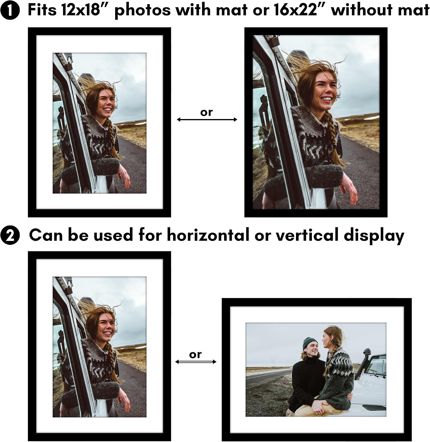 Americanflat 16x22 Picture Frame with Polished Plexiglass - Use as 12x18 Frame with Mat or Display 16x22 Photo Without Mat - Epic Collection - Wide Picture Frames for Wall Display - Black