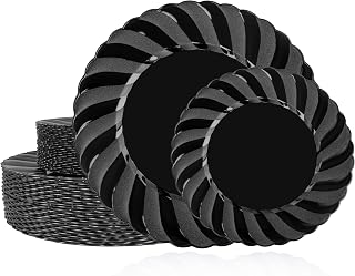 U-QE 60 Pcs Black Plastic Plates for Party – Black Plastic Disposable Heavy Duty – Include 30 10.25" Dinner & 30 7.25" Dessert Plate - Perfect for Parties, Weddings