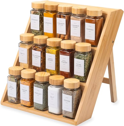 Bamboo Spice Rack Organizer For Kitchen Drawer, Countertop & Cabinet - Sturdy Wood Shelf Seasoning Rack with Wooden Spoon - 3 Tiered, Foldable Storage Standing with Anti-Slip Pads (No Jars Included)