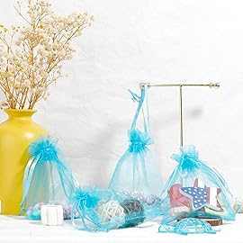 Sheer Organza Bags - 100 Pcs, Small with Drawstring, Jewelry Gift & Wedding Favor Bags, Mini Candy Bags, Lake Blue