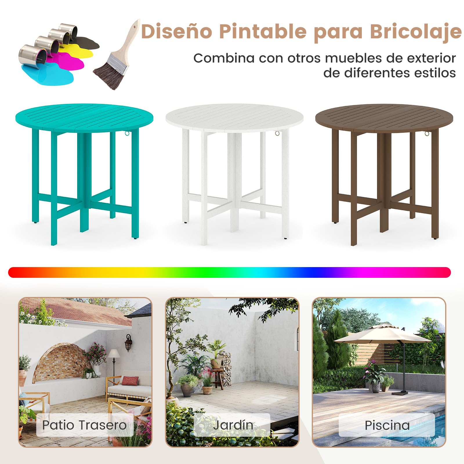 COSTWAY Mesa Plegable Jardín de Madera Acacia, 90 x 75 cm, Mesa Redonda de Comedor, Tablero de Listones, Jardín Porche Terraza Balcón Exterior Interior, Sin Montaje
