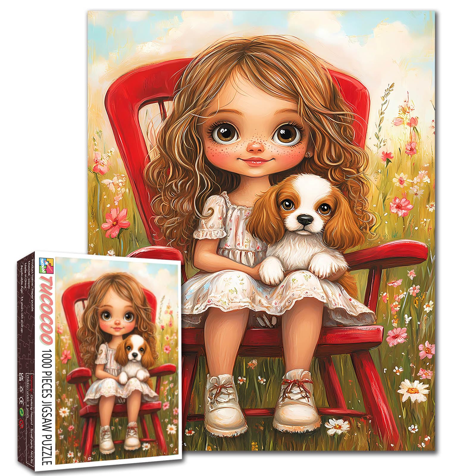 Tucocoo Adorable Little Girl Jigsaw Puzzle 1000 Pieces Puzzles for Adults, Chair Puppy Field Flowers Cartoon Style Puzzles for Challenging Family Activity Games DIY Crafts Puzzle for Home Decor Gifts — image 1