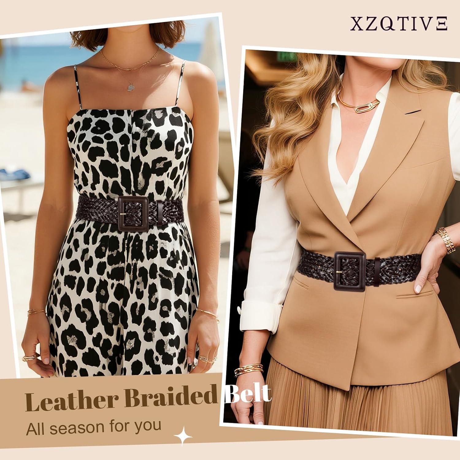 XZQTIVE Women Wide Belt for Dresses Fashion Thick Braided Leather Belts with Square Buckle, Woven Waistband for Ladies - Image 3