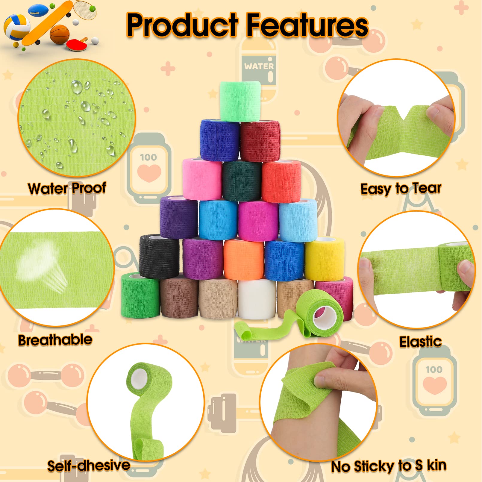 Paquete de 72 vendas autoadhesivas, vendas elásticas y cohesivas, transpirables para mascotas, vendaje elástico de 5 cm x 5 yardas, vendaje deportivo para talla M