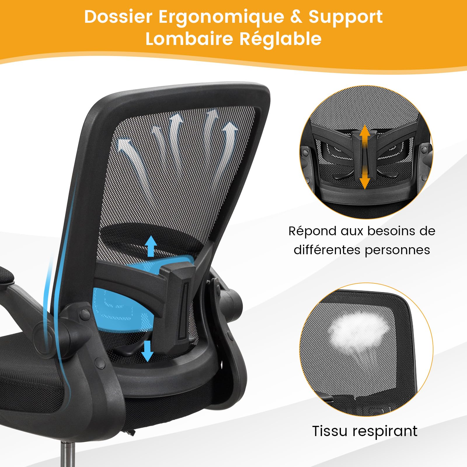 COSTWAY Chaise de Bureau Ergonomique en Maille, Chaise d'Ordinateur avec roulettes, Accoudoirs Rabattables, Repose-Pieds, Réglable en Hauteur, Cadre en Métal Solide, pour Bureau, Charge 120 kg