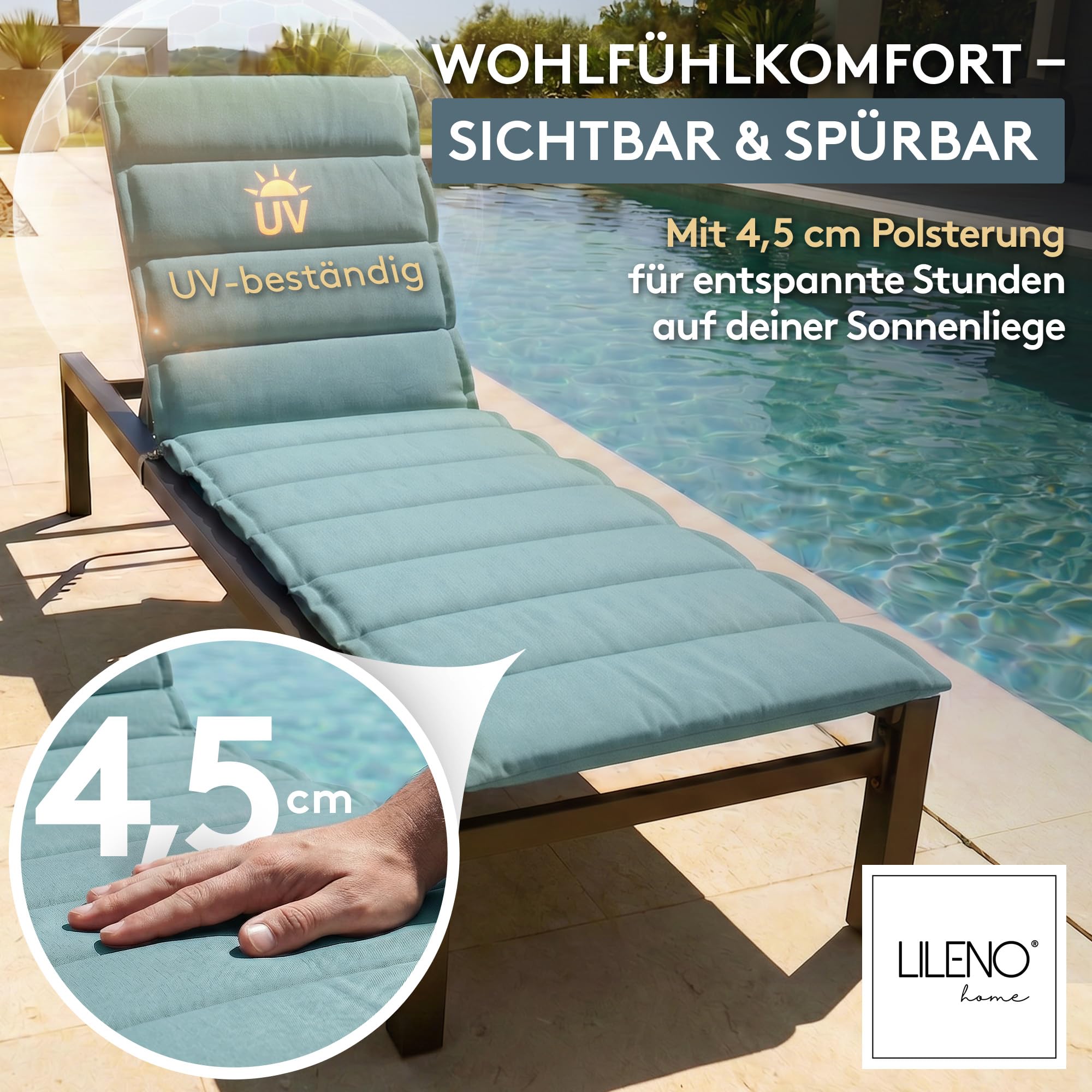 LILENO HOME Sonnenliege Auflage als [2er Set - Rollliege] in Petrol - Gartenliegen Auflage perfekt für Strandliege - Polster für Gartenliege (200x60x4,5cm)