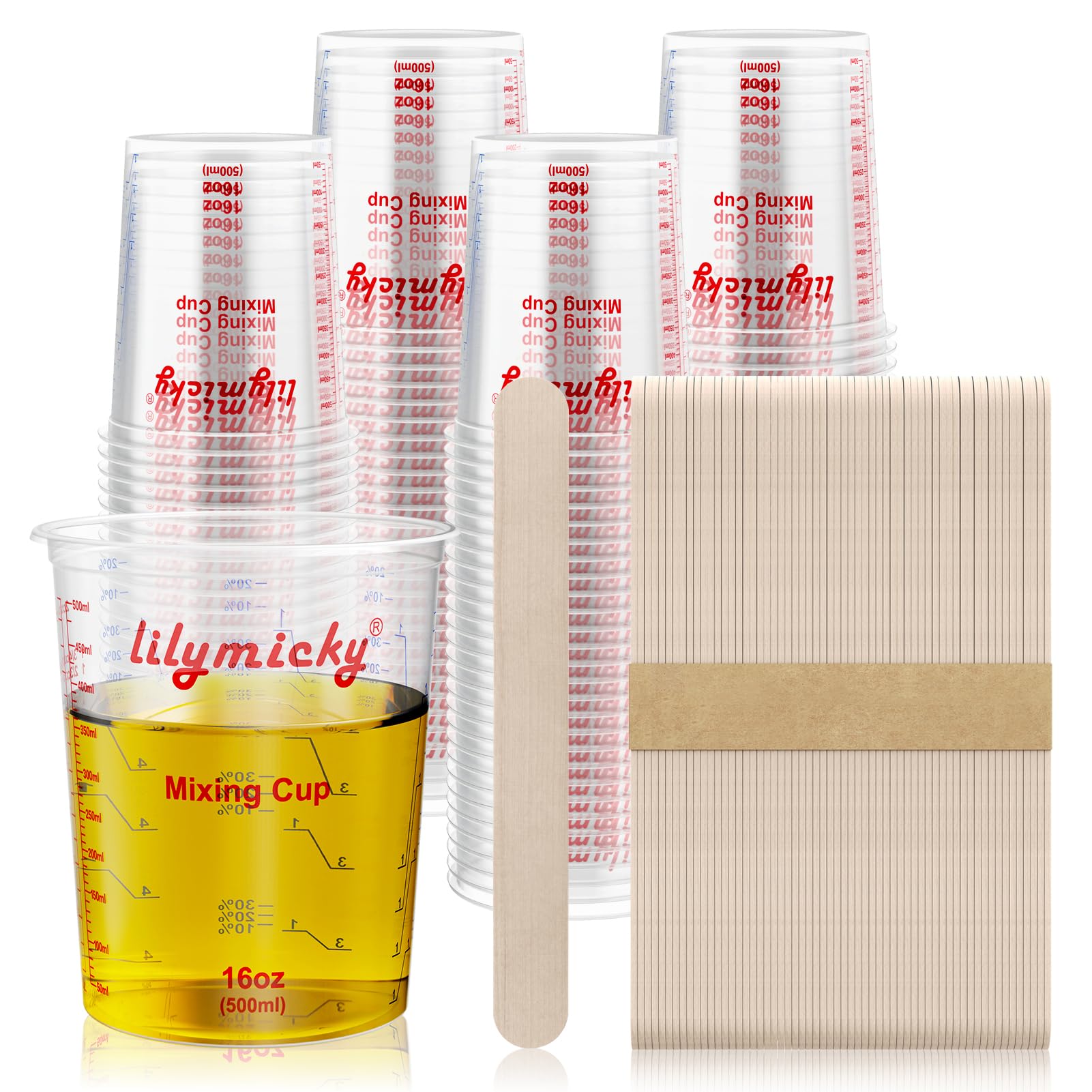 Photo 1 of 16 oz Plastic Mixing Cups, 100 Pack 16 oz (500ml) Disposable Measuring Cups with 100 Wooden Mixing Sticks, Can Be Used for Epoxy Resin, Liquid Measuring, Paint, Cooking and Baking