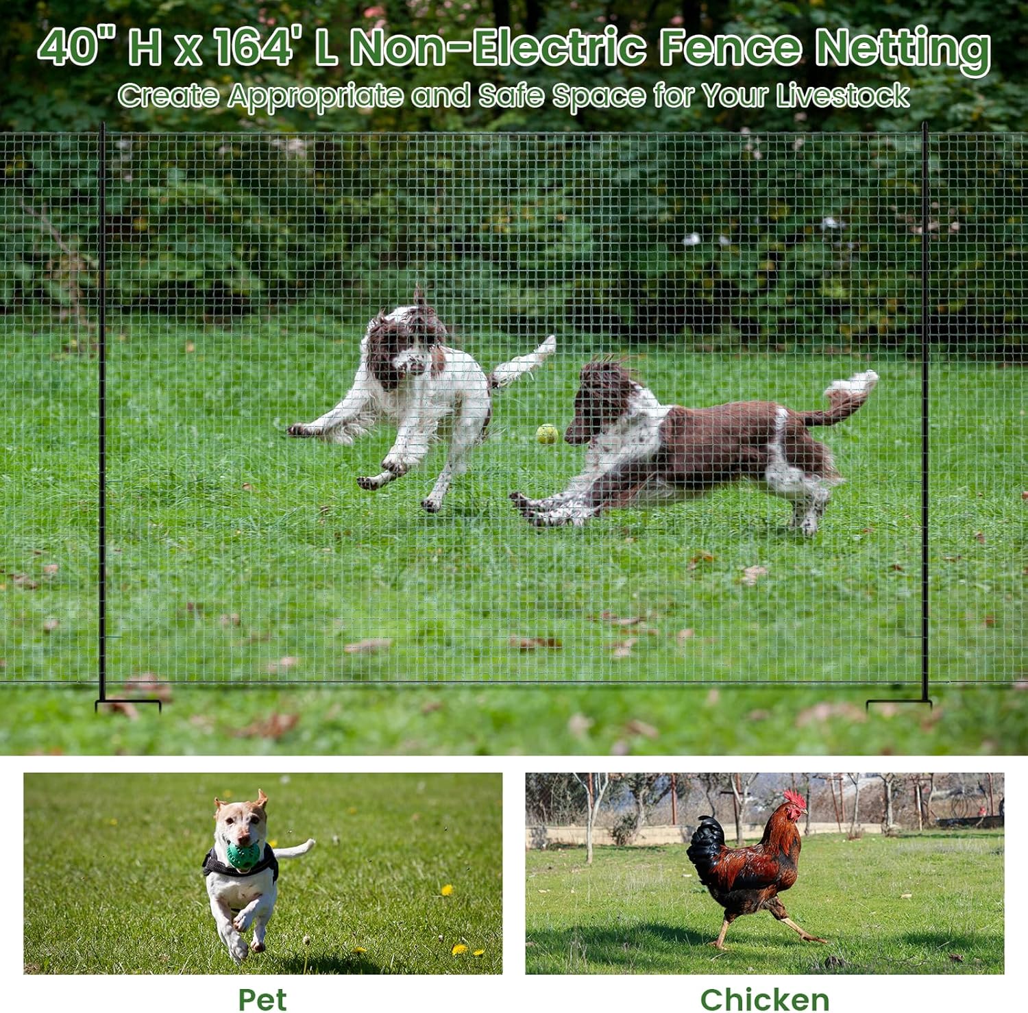 DoCred Non Electric Fence Netting, 40in x 164ft Portable Movable Livestock Nets Mesh for Chickens,Goats, Sheep, Dog, Reusable Nylon Animal Barrier Fencing Netting for Backyards, Farms Ranches