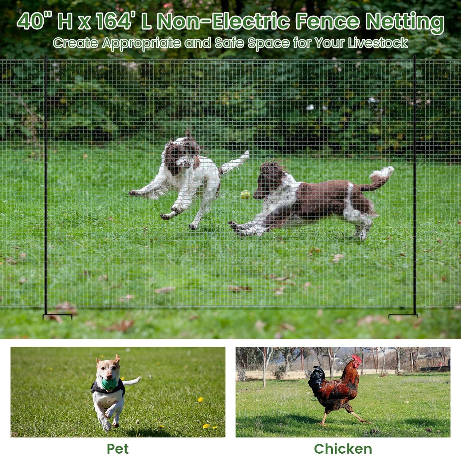 Non Electric Fence Netting, 40" x164' Portable Movable Livestock Nets Mesh for Chickens, Goats, Sheep, Dog, All-Purpose Fencing for Backyards, Homesteaders, Farms Ranches, and Gardens