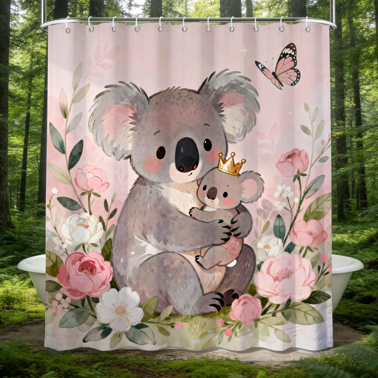 Hongduo 3D Cartoon Koala Shower Curtain for Stalls Bathtubs Butterfly Bathroom Decor Shower Curtain Set Polyester Fabric Waterproof 120x180cm/48X71 Inch with Hooks