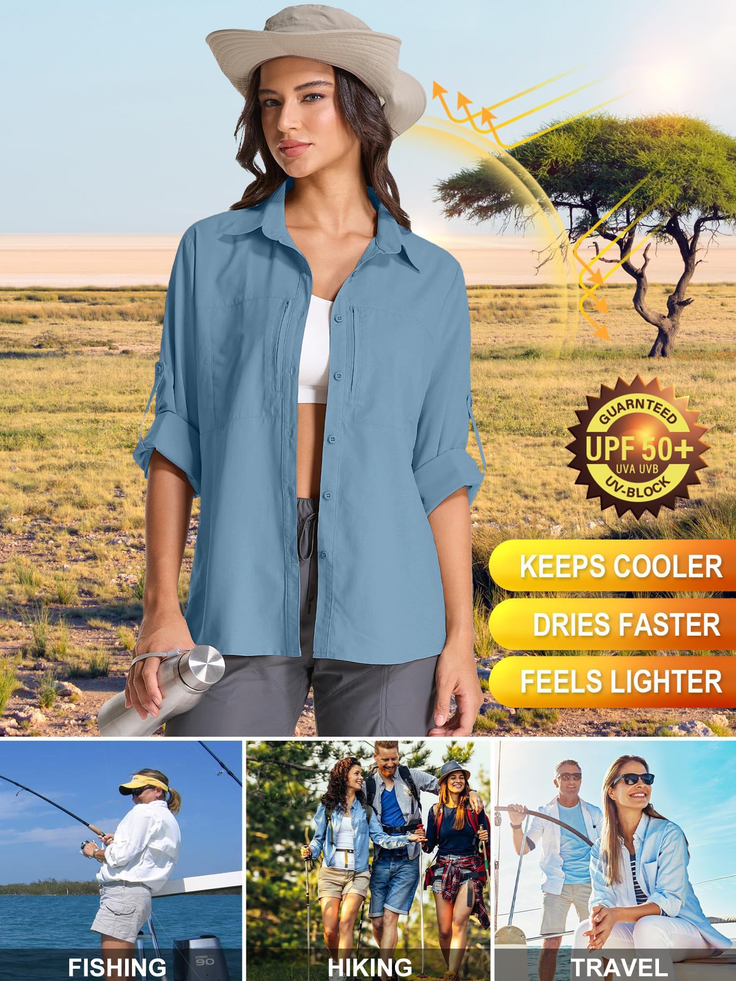Shirts Damen UV Shirt UPF 50+ Safari Kleidung Wanderbluse Damen Hemdbluse Outdoor Atmungsaktiv Quick Dry Sonnenschutz Langarmshirt Bluse
