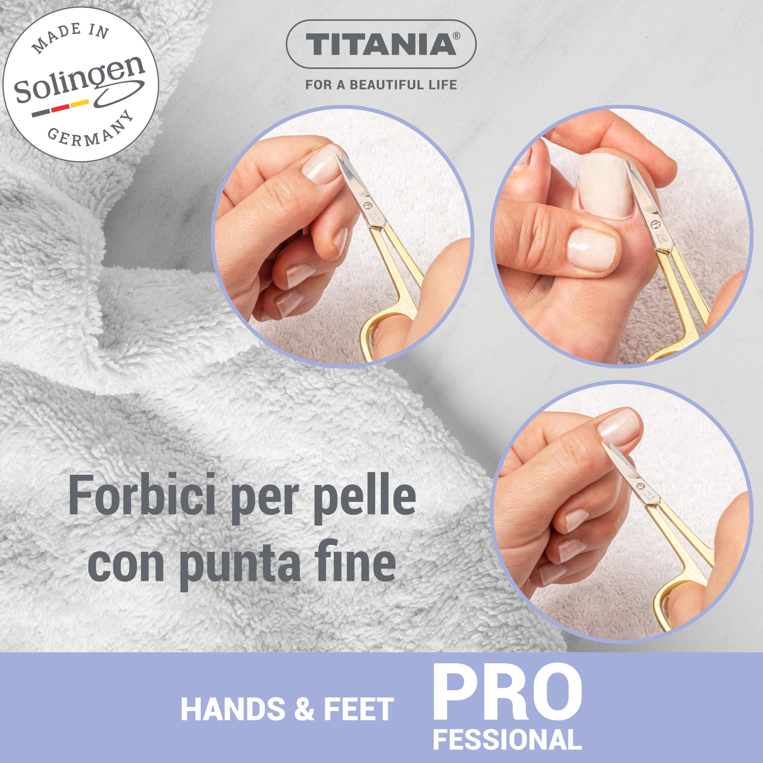 TITANIA Forbici per Cuticole Solingen con Punta Sottile Curve Dorate (9,5 cm) • Forbici Professionale per Cuticole Vergoldate • Forbici in Acciaio Carbonio di Alta Qualità • Made in Germany