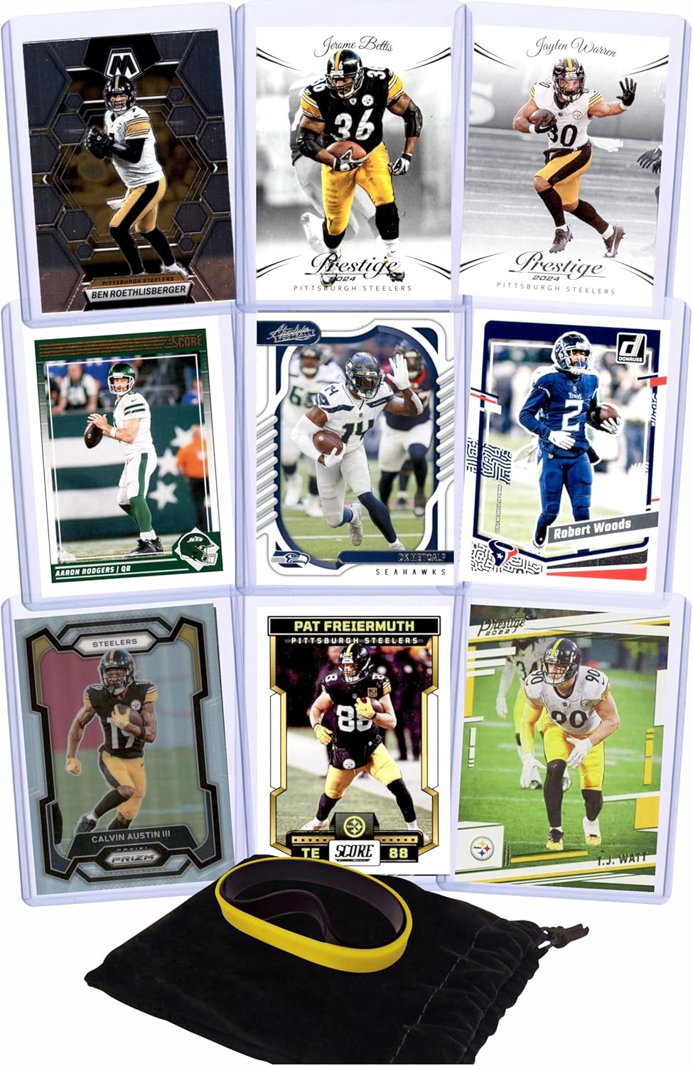 Pittsburgh Steelers Cards: Aaron Rodgers, Jaylen Warren, Pat Freiermuth, DK Metcalf, Calvin Austin III, Robert Woods, Ben Roethlisberger, T.J. Watt, Jerome Bettis ASSORTED Football Stars & GOATs Trading Card & Wristbands Gift Pack