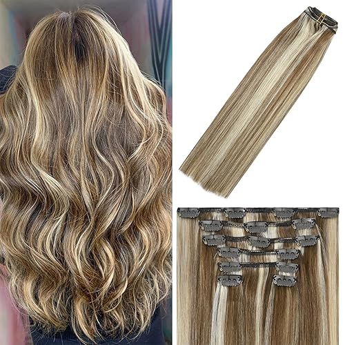 WindTouch - Extensiones de cabello humano liso Remy con pinzas, color castaño claro a rubio con balayage, para cabello rubio, 2.47onzas, N. 6p613,