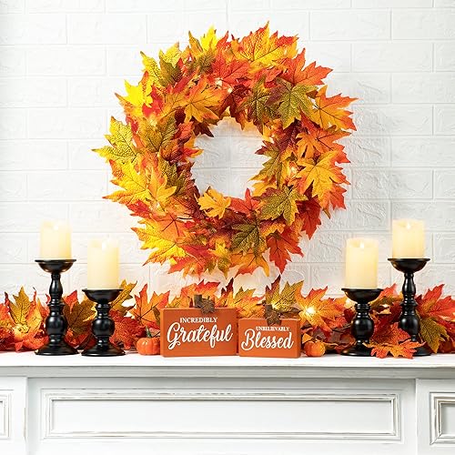 Miniatura 6 de Glitzhome Corona de hojas de arce preiluminada de 24 pulgadas con temporizador, corona de otoño artificial con luces LED, adorno de otoño para