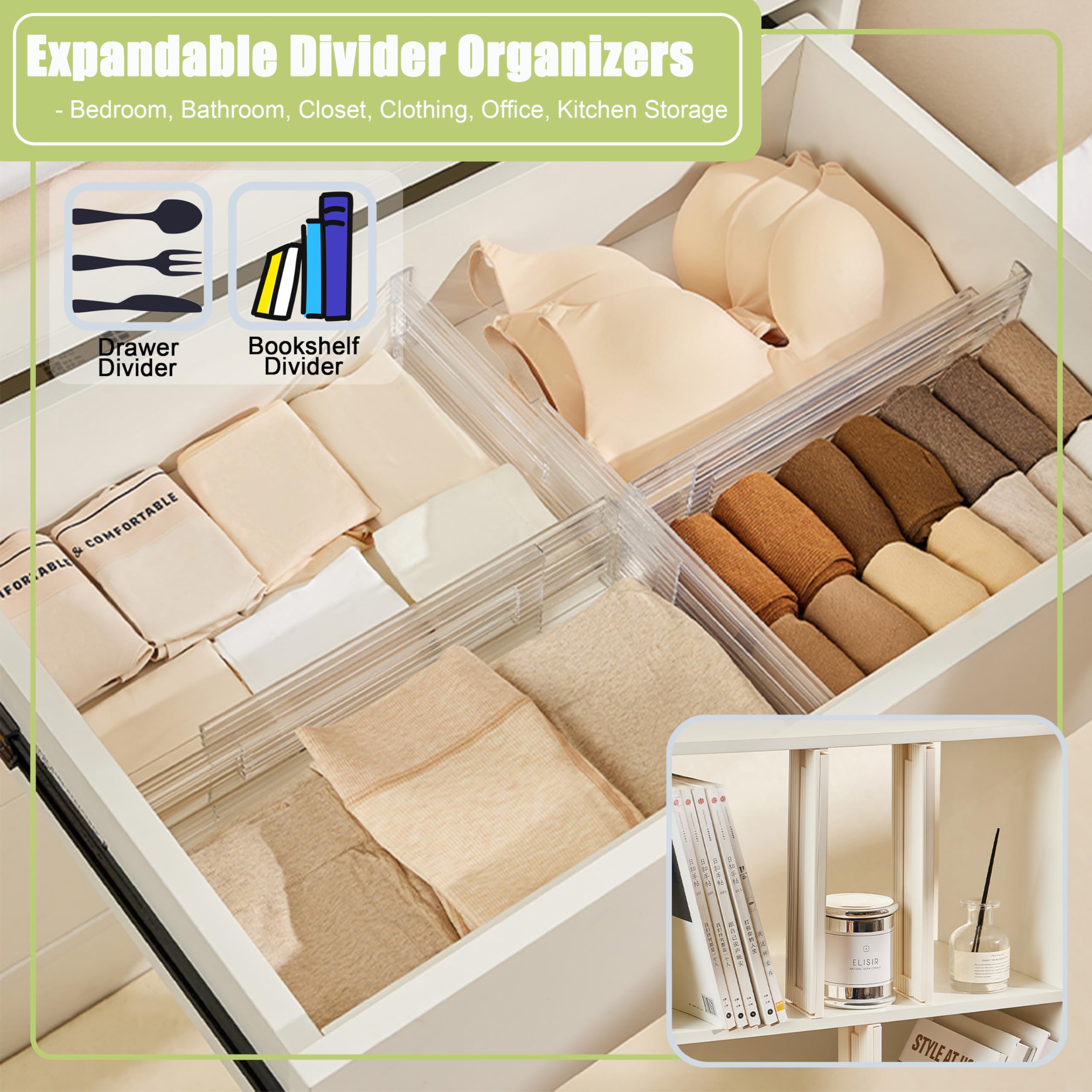 Divisores de cajones transparentes expandibles, 3.1 pulgadas de altura, separadores de cajones ajustables de 11-19 pulgadas, organizadores de tocador expandibles en dormitorio, baño, armario,
