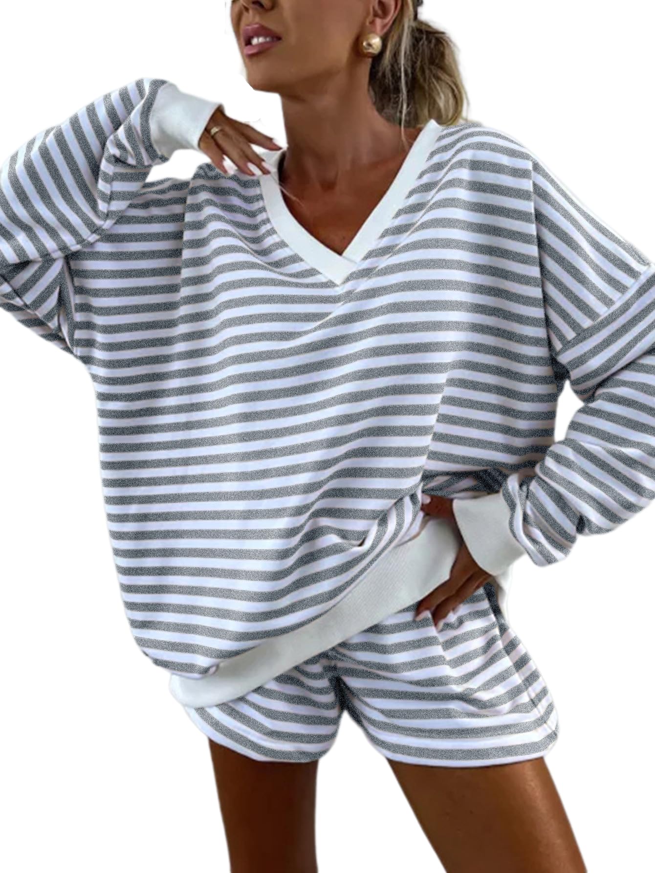 Melliflo Women 2 Piece Outfits Lounge Sets Striped Print Long Sleeve V Neck Sweatshirt and Shorts Set Sweatsuit