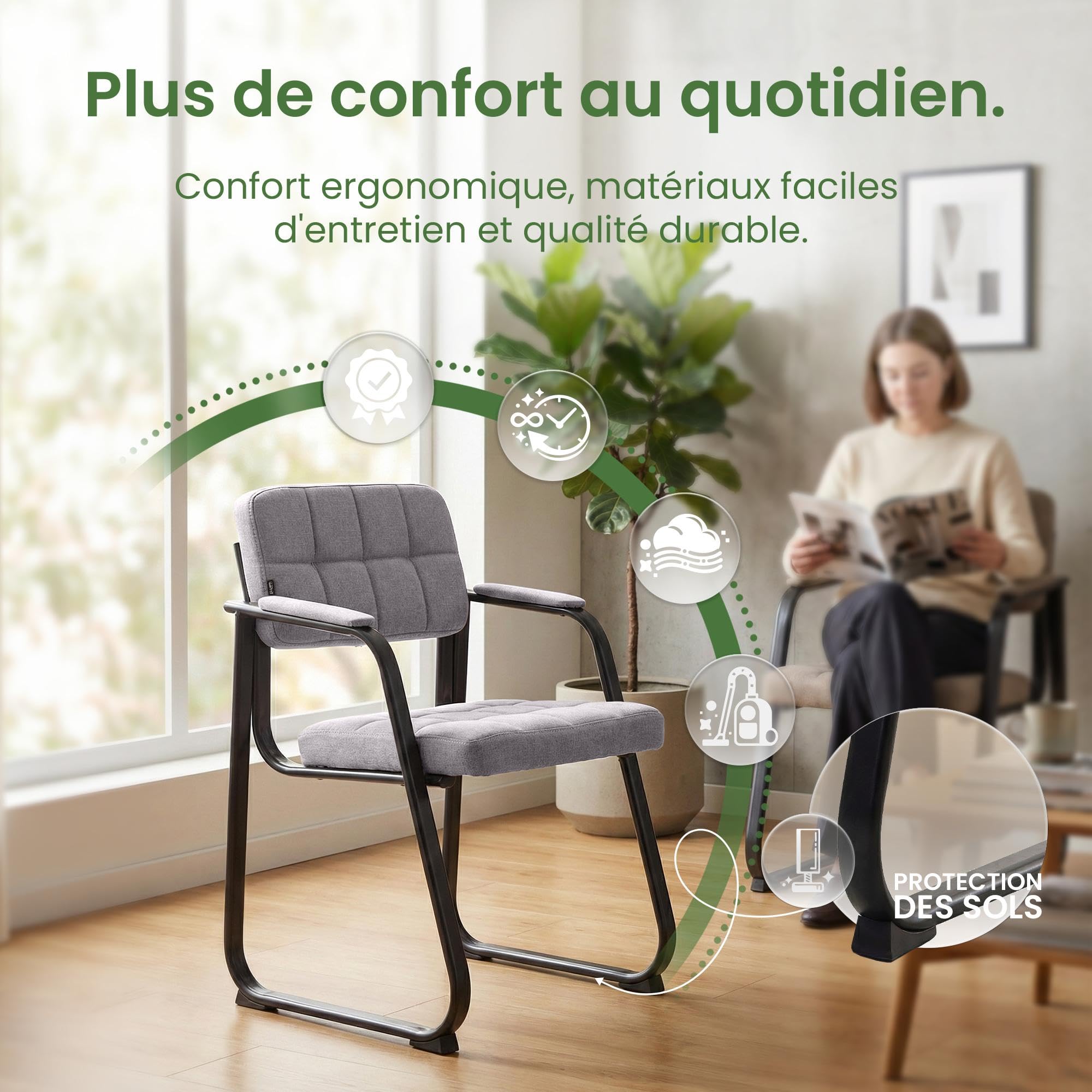 CLP Chaise avec Accoudoirs Canada B Rembourrée, Visiteur & Conférence, Tissu, Piétement Métal Noir Mat, Salle d'Attente, Couleur:Gris Clair