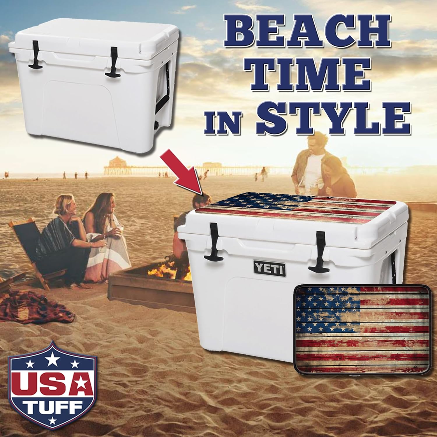 USATuff Vinyl Cooler Lid Kit Compatible with YETI | Easy Peel & Stick Application Cooler Skin Decal Wrap | Durable Pre-Cut Pieces | Made for Outdoor Use - Old Glory Flag Design