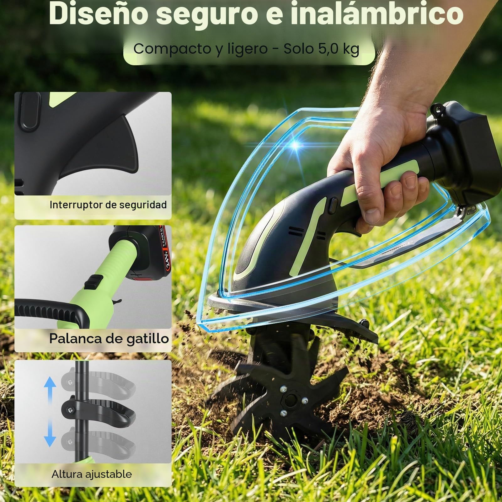 Motoazada Eléctrica, 21V a Batería–Azada Rotativa con 2 Baterías de 3000mAh, 4 Cuchillas Metálicas 65Mn, Ancho/Profundidad de Trabajo 10 cm, 235 RPM–para Escarificar y Airear el Jardín