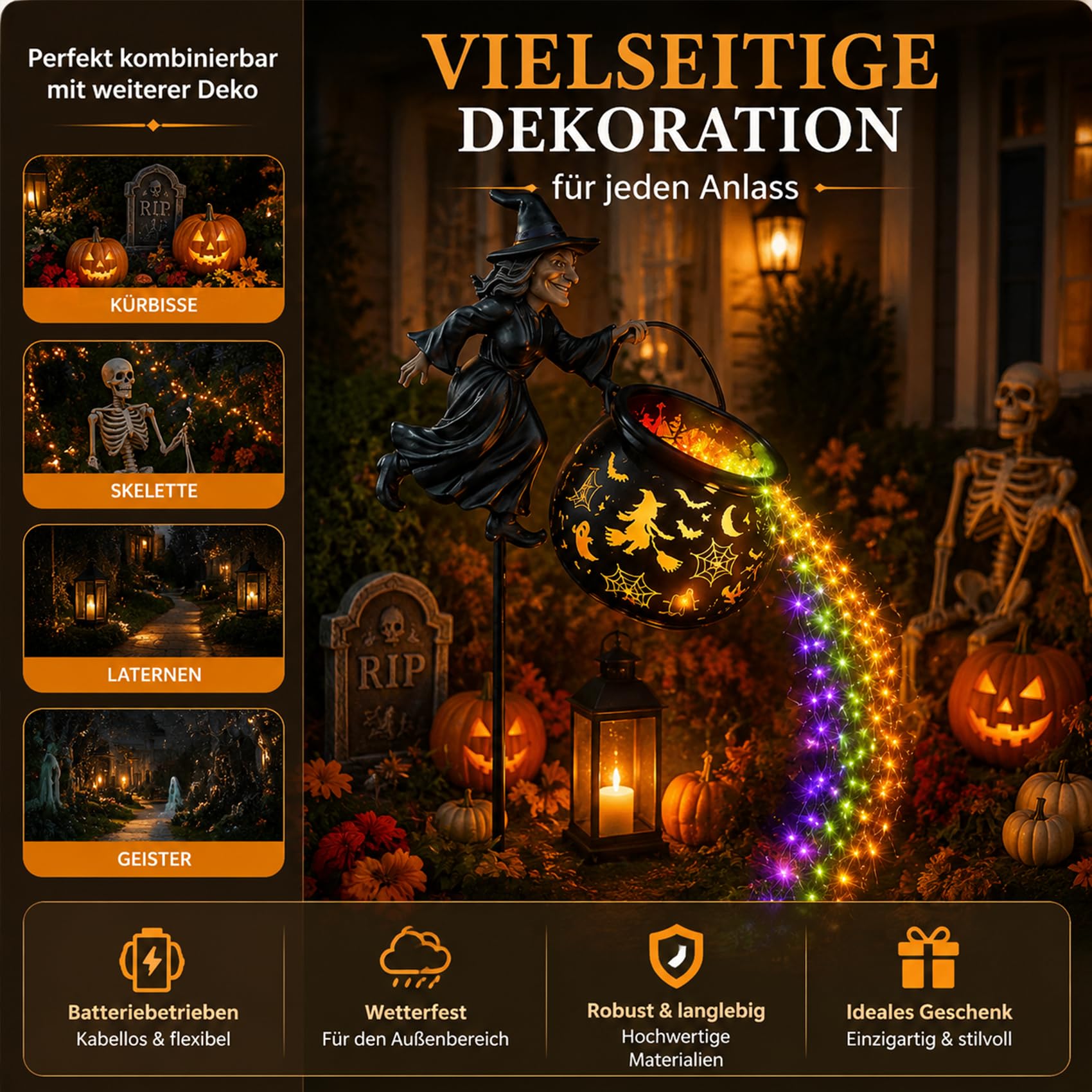 Leuchtender Halloween-Hexenkessel mit Hexe, 2027 NEU Magische HüTe – Hut- Und Wandprojektion Mit Lichterkette, Wasserfall-Stil für Halloween, Zauberhaft für Garten, Rasen und Wege (1)