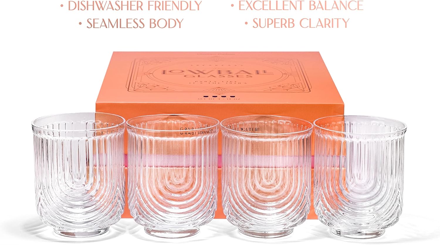 GLASSIQUE CADEAU Vintage Art Deco Lowball Gatsby Cocktail Glasses | Set of 4 | 13 oz Double Old Fashioned Tumblers for Drinking Classic Whiskey, Gin, Vodka Bar Drinks | Round Short Glassware - Image 6