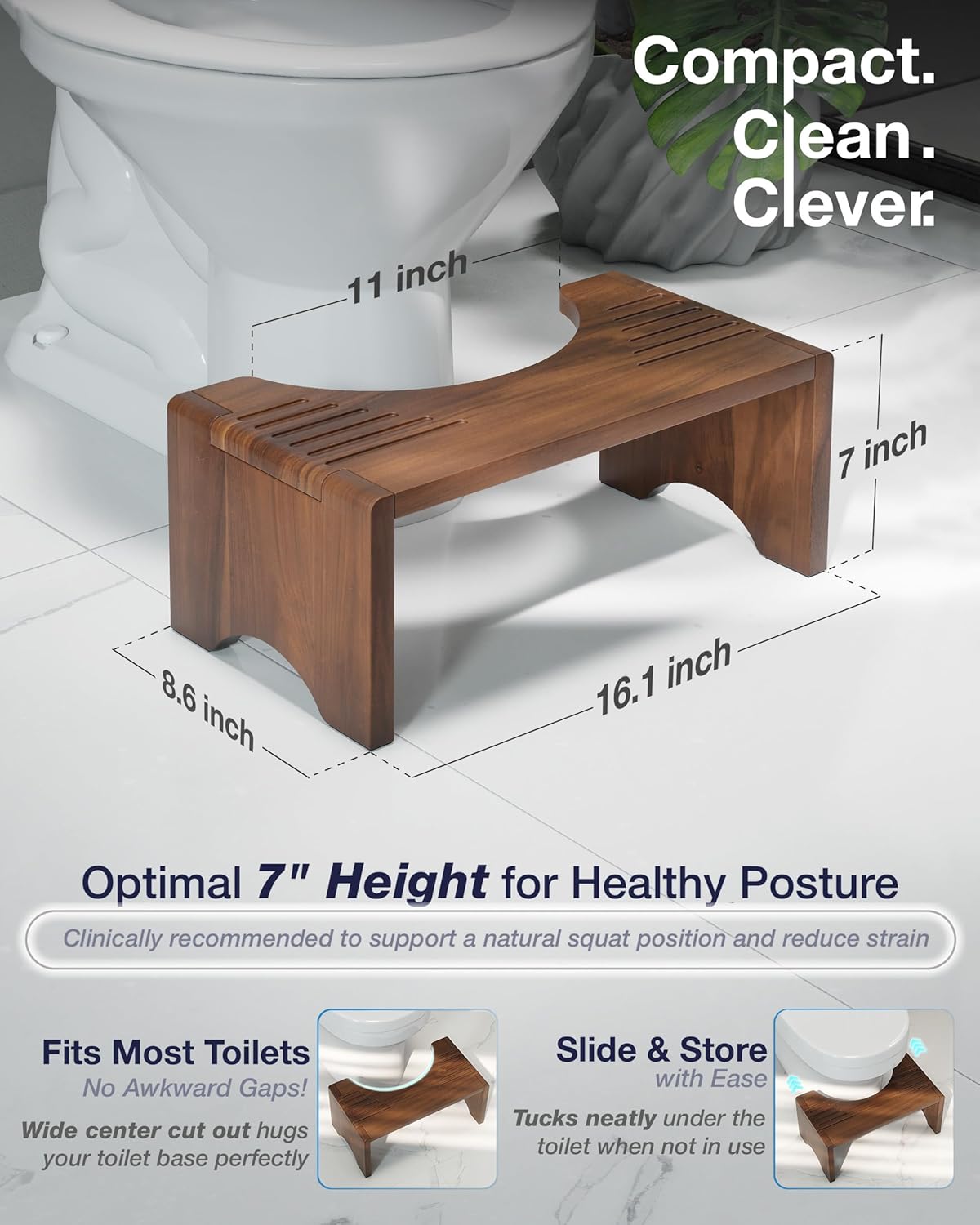 Foldable Toilet Stool, Acacia Wood Poop Stool for Potty Training, 7 Inch Wooden Bathroom Aid for Comfortable Posture (Walnut, Foldable)