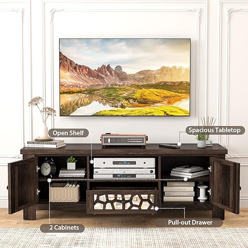 Miniatura 7 de Tangkula Soporte de TV para televisores de 60 pulgadas centro de entretenimiento retro con puertas decorativas de espejo acrílico gabinete de