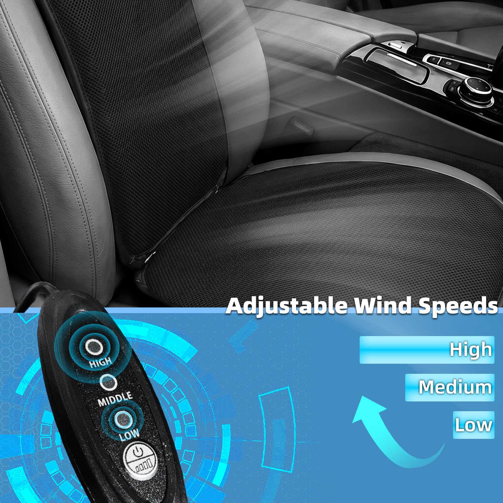 Coprisedile per auto, 12 V, 3 velocità, cuscino ventilato, tappetino di raffreddamento per sedile auto, universale, per SUV, camion, nero