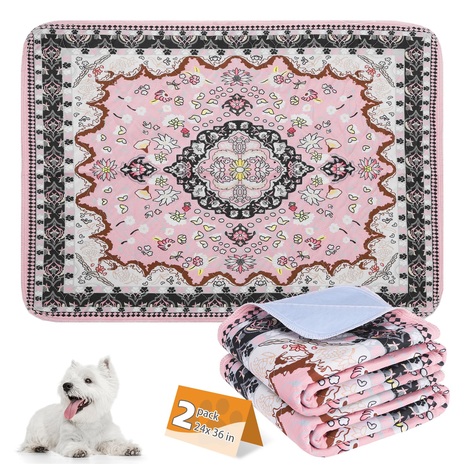 KOOLTAIL Washable Pee Pads for Dogs, 4 Pack Super Absorbent Reusable Puppy Training Pads Waterproof, Nonslip and Leak-Proof Dog Pee Pads, Large Pet Mats Whelping Pads for Floor, Crate, Couch, 24"x36"