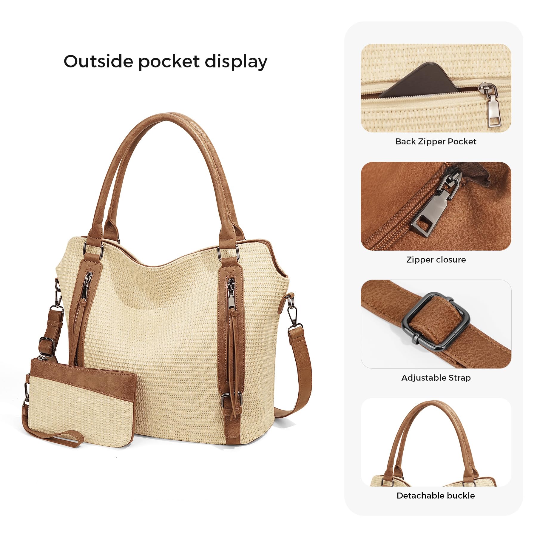 Borsa in paglia intrecciata con tracolla regolabile e tasche multiple, elegante borsa a tracolla in tessuto da donna per uso quotidiano borsa per la spesa