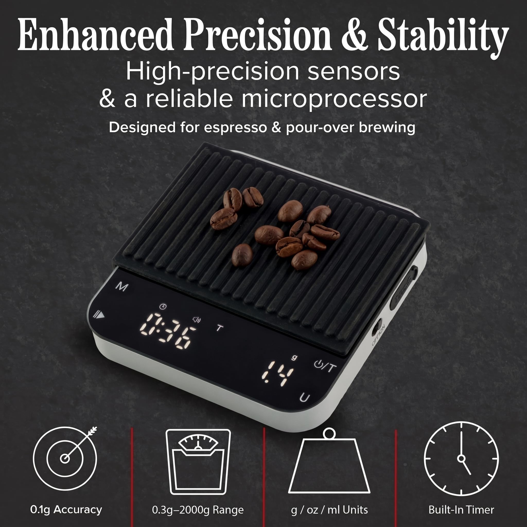 Classic Cuisine Mini balance à café avec minuterie – Balance à expresso rechargeable avec précision de 2 kg/0,1 g pour expresso et café versé – Gadgets de cuisine portables par Classic Cuisine (noir)