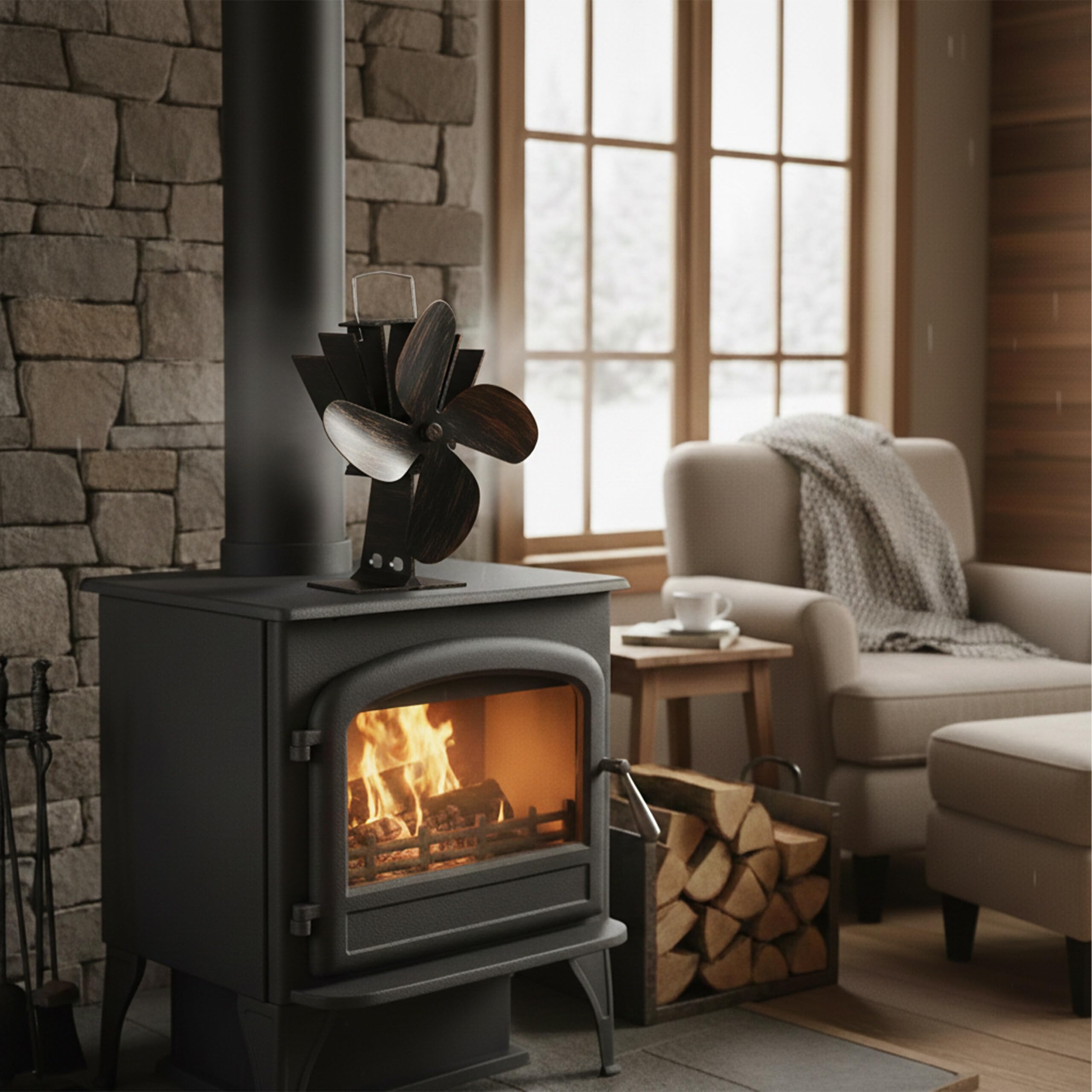 Relaxdays Ventola per Stufa Senza Elettricità, Silenzioso, Ventilatore per Camino & Forno, Accessorio con 4 Pale, Bronzo