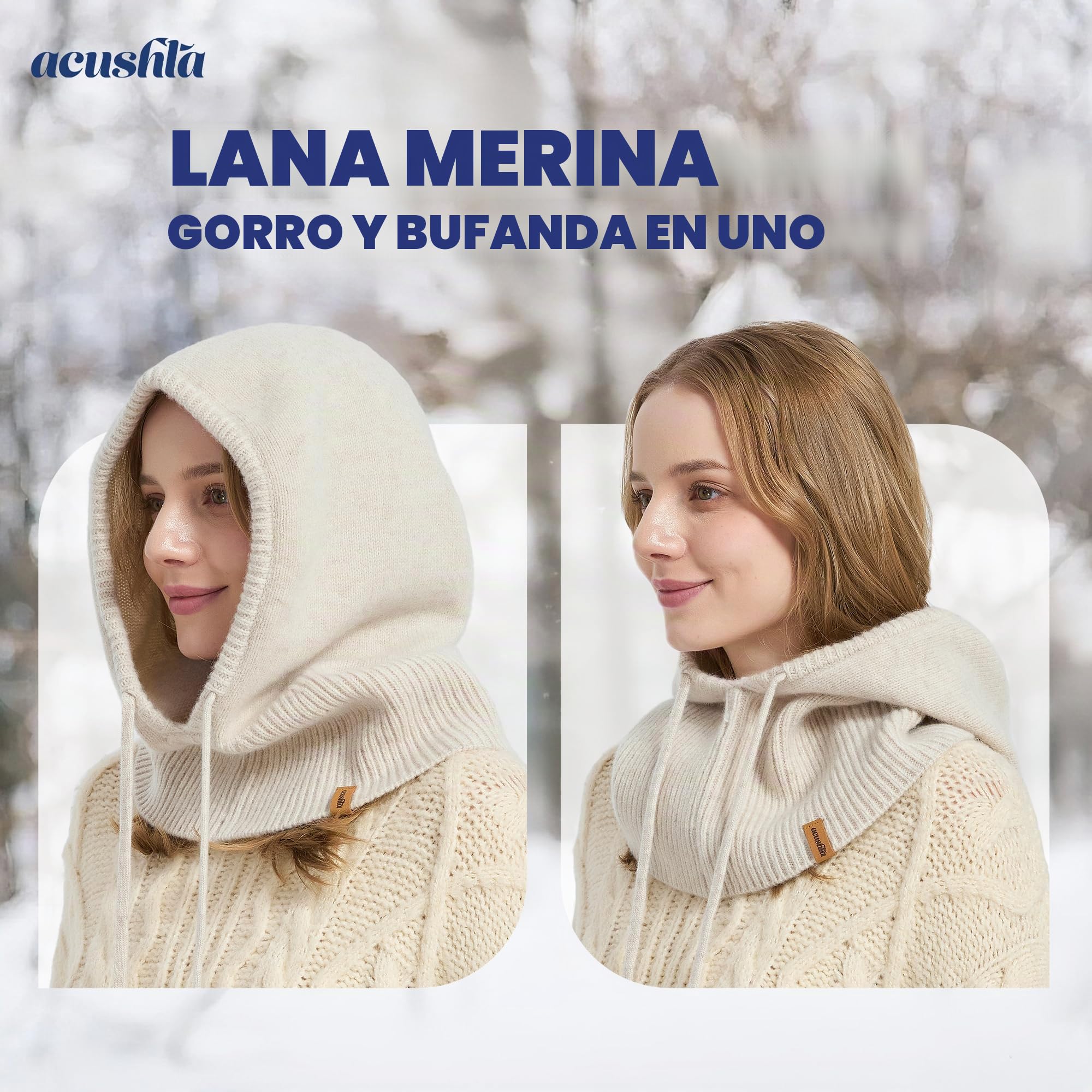 ACUSHLA Pasamontañas 100% lana merino para hombre y mujer, invierno, cálido, con capucha, gorro, bufanda y bufanda, color marrón, talla única