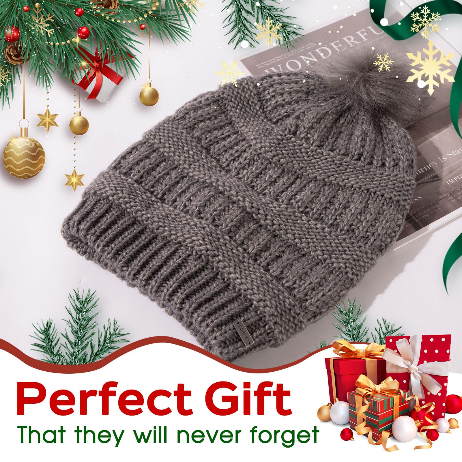 TOP-EX Gorro de lana merino 100 % para mujer, gorro de invierno de lana con forro de piel elegante, satén o forro polar