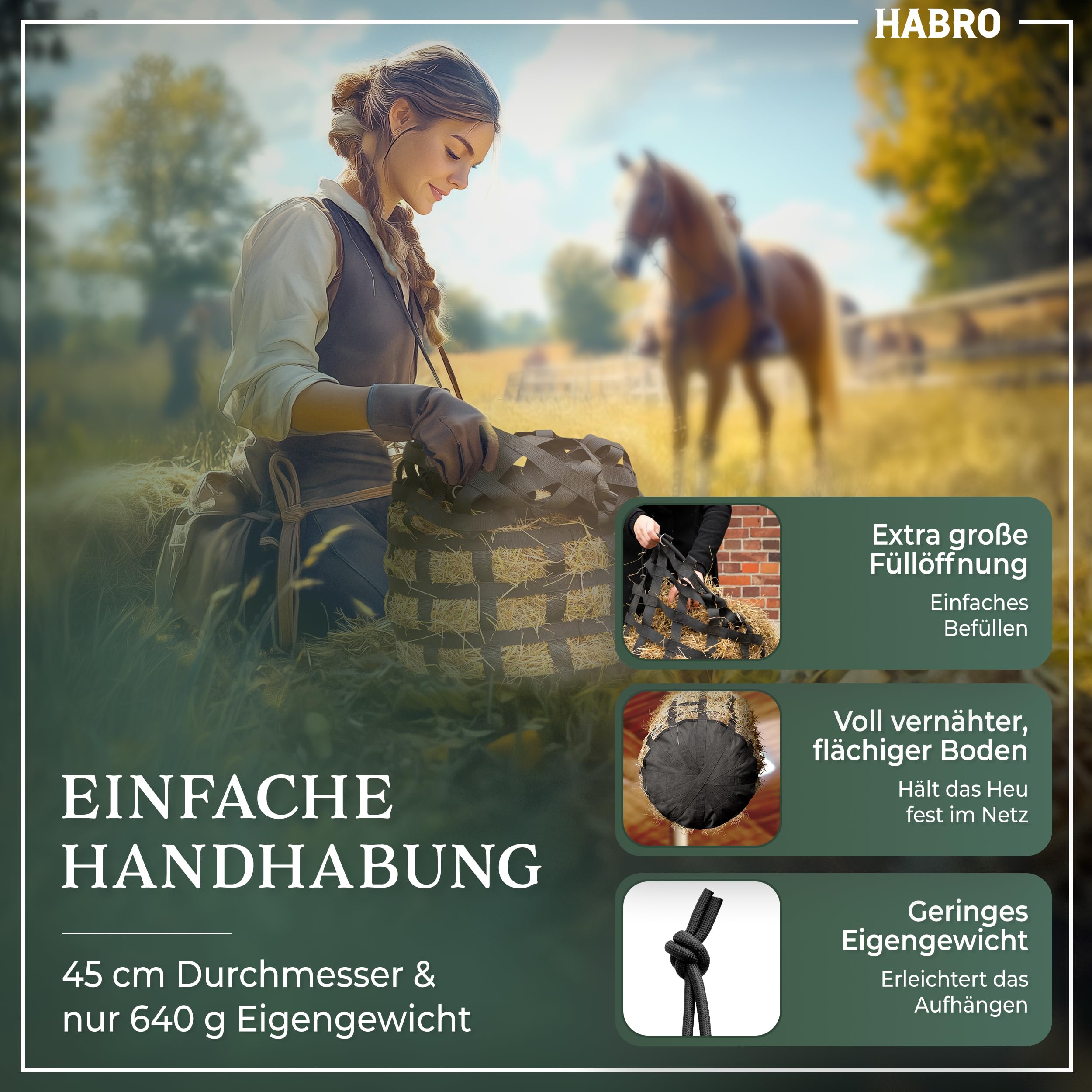 HaBro Heunetz für Pferde engmaschig 6 kg Heu Premium XXL Heutasche robust langlebig