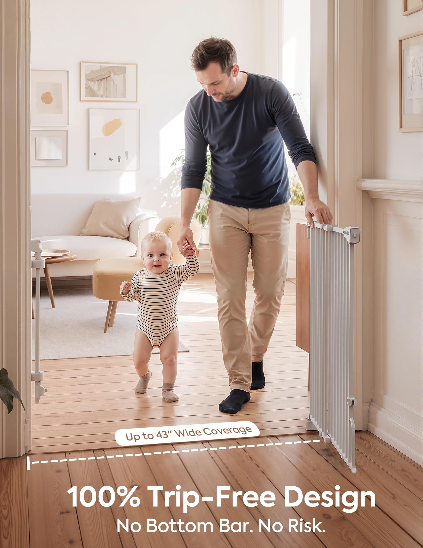 Babelio Cancello per cani e bambini da 73,7 a 109,2 cm, senza barra inferiore, per scale e porte, facile da rimuovere e installare, funzione di chiusura automatica, porta passerella extra larga