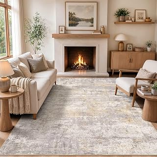 cotiled 8x10 Area Rugs Living Room: Washable Abstract Rug Gold Grey Brown