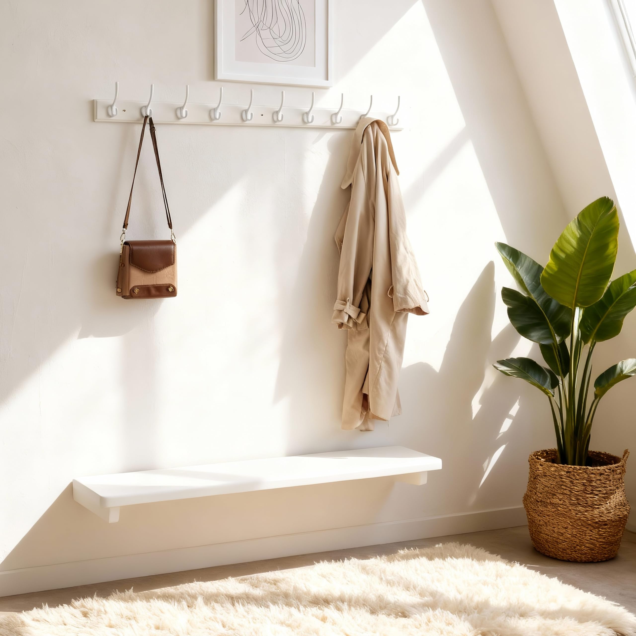 WEBI Appendiabiti da Parete,97cm Lungo Attaccapanni da Muro con 10 Ganci,Appendiabiti da Muro Legno,Appendino da Muro per Cappotto,Giacche,Bianco