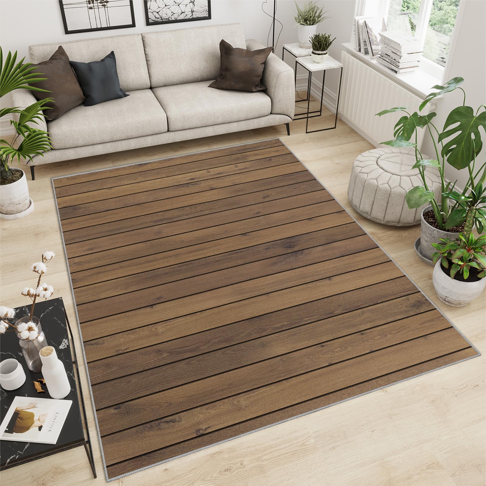 QDJKBL Area Rugs 180 X 270 Cm Vintage Brown Wood Plank Grain, Black Lines Geometric Regular Stripes Large Area Rug, Shock Absorption Carpet Shaggy for Bedroom Living Room