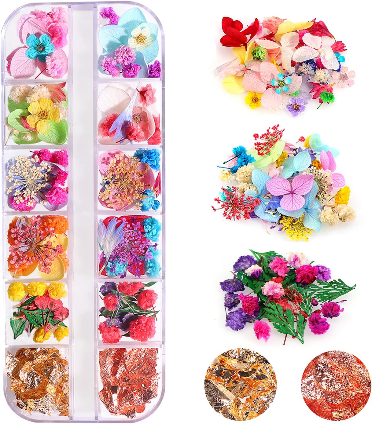 Dried Flowers & Foil Nail Art Kit - 108PCS, 33 Colors, 2 Color Foil, Accessories for Resin Molds