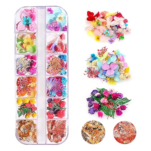Kit de arte de uñas de flores secas y papel de aluminio, 108 piezas, 33 colores, 2 láminas de color, accesorios para moldes de resina