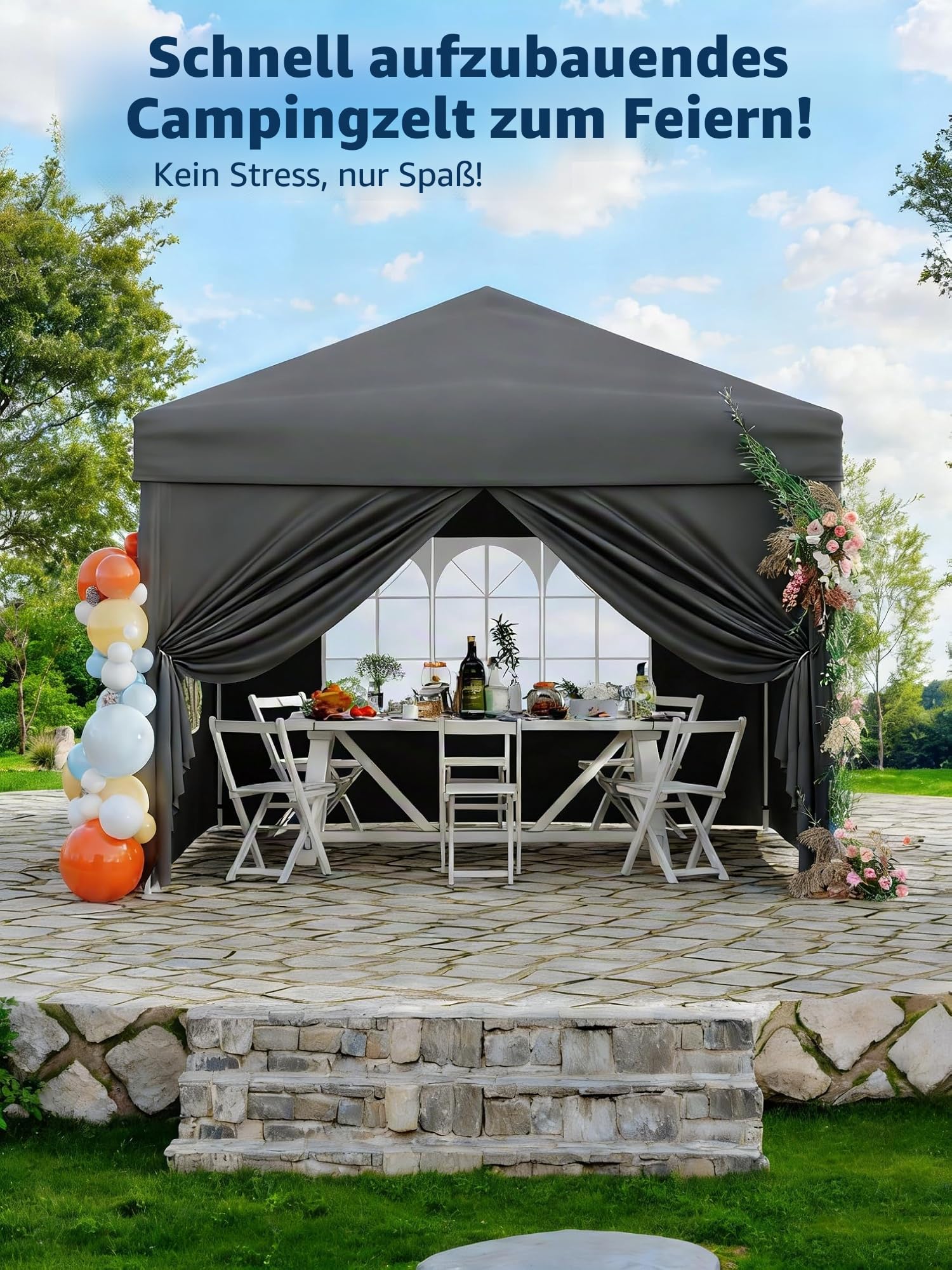 Faltpavillon 3X3M UPF50+ mit Seitenwänden für Garten und Camping | Cadre en acier robuste, hauteur ajustable, sac à roulettes et accessoires fournis