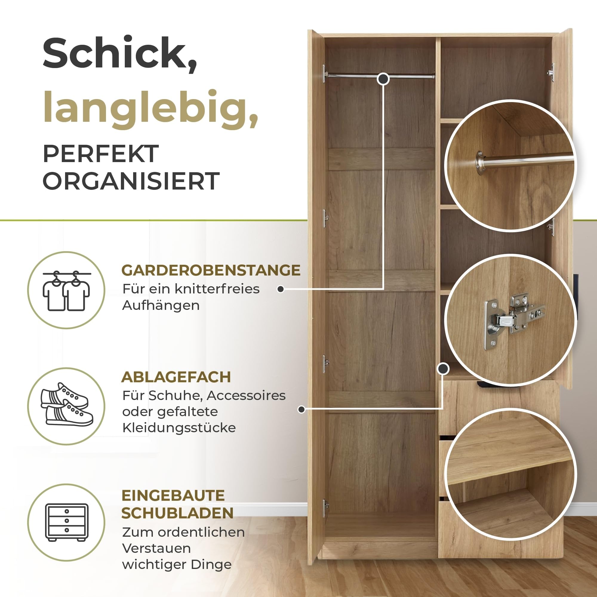 Kleiderschrank Eiselfing mit 2 Türen 176 x 80 x 52 cm Eicheoptik 1 Kleiderstange 4 Fächer 3 Schubladen