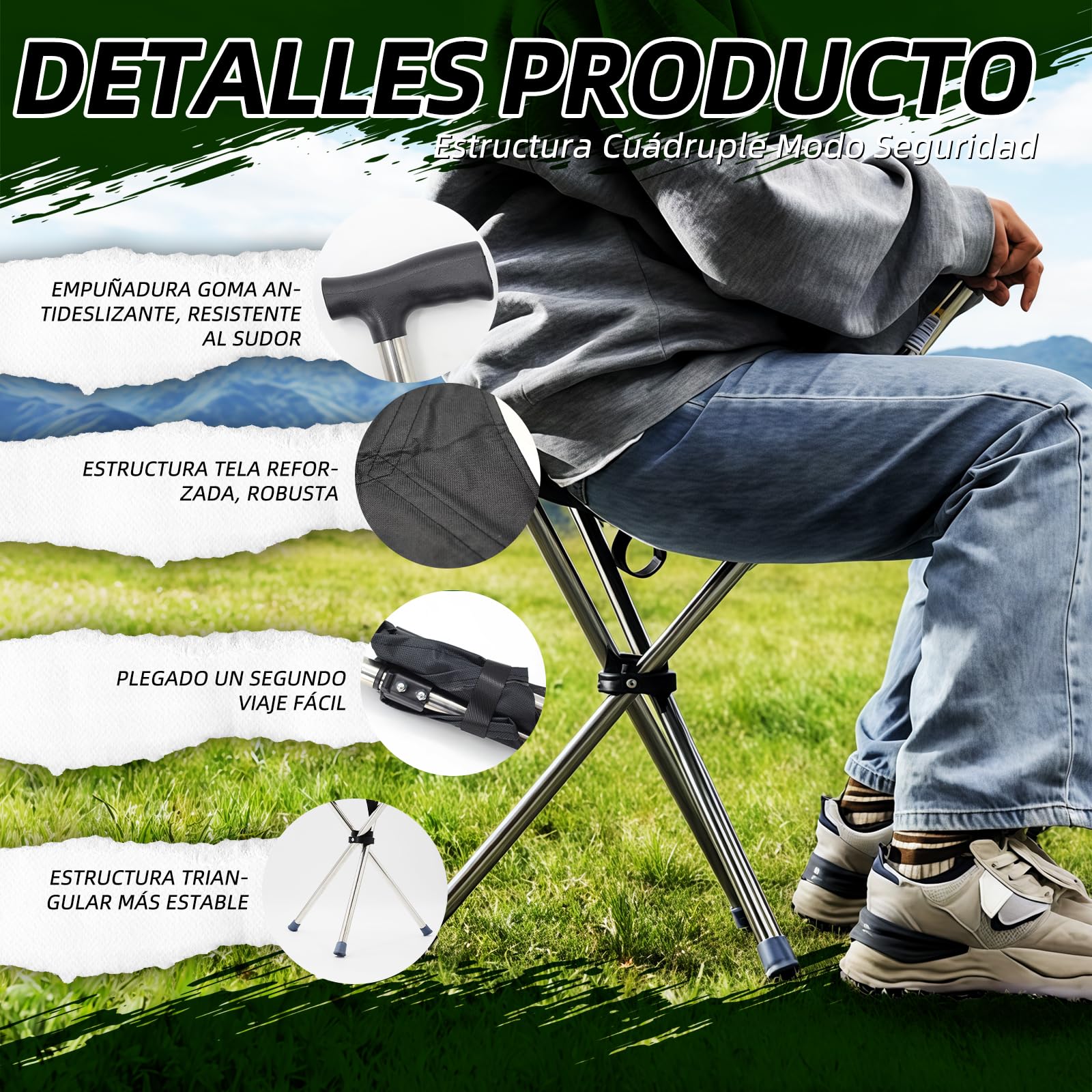 Bastón con soporte, 80 – 90 cm, plegable y altura regulable, base de silicona antideslizante, soporta hasta 150 kg, para personas mayores de 140 – 190 cm (negro)